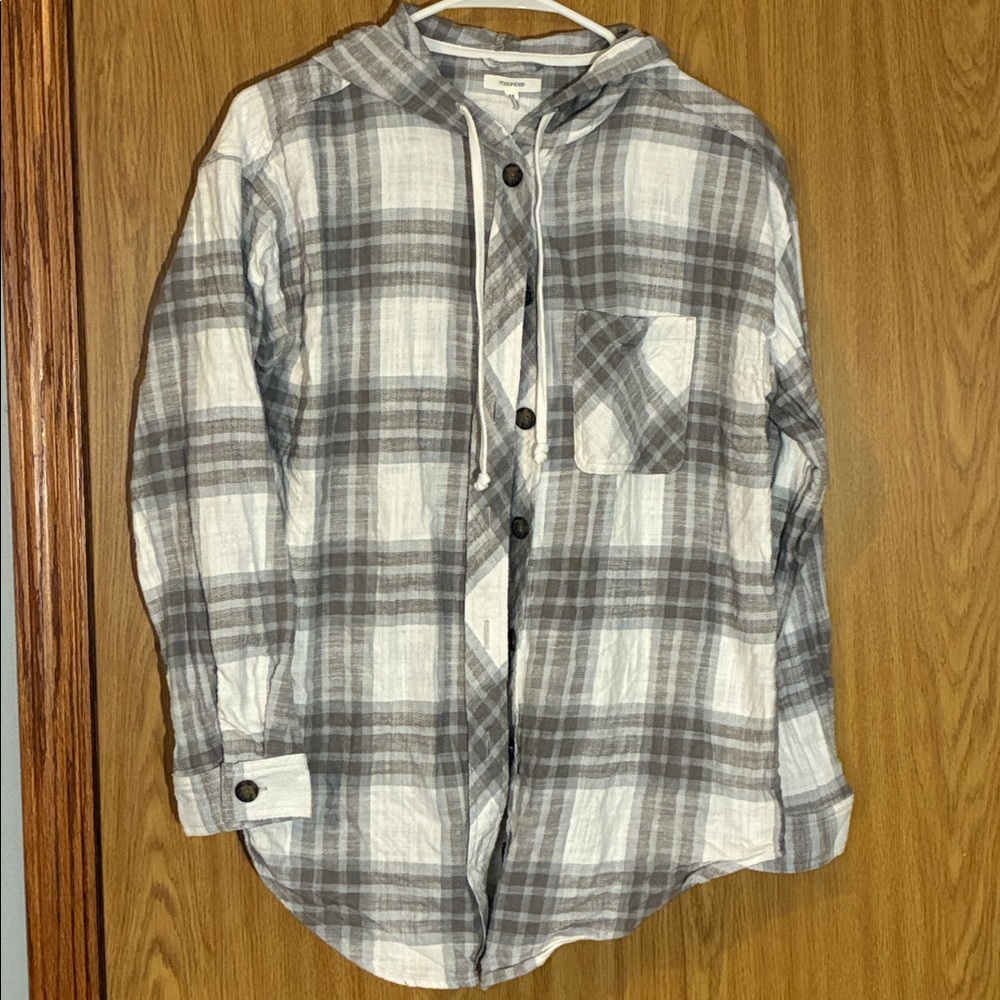 Maurices Beige and Brown Plaid Hooded shacket